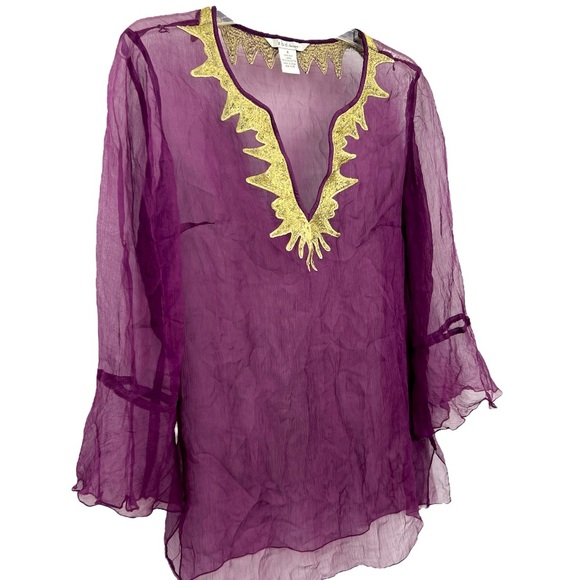 ZBD Design Embroidered silk witchy fairy grunge Sheer Purple Gold Blouse SZ M - Picture 2 of 8